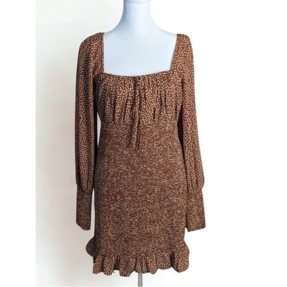 Women's She + Sky Brown Leaf Long‎ Sleeve Dress Cottagecore Fall Style Size S